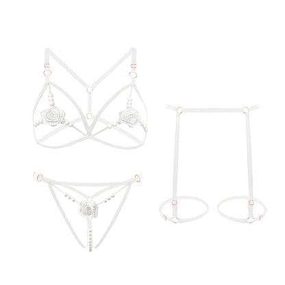 Rose Beaded Three-piece Hollowed-out Lingerie Set