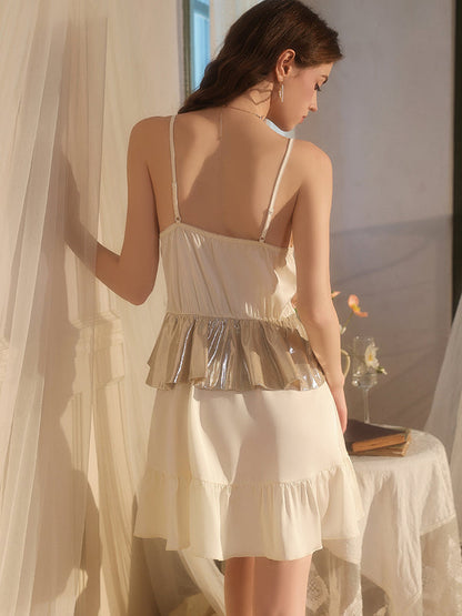 Metallic Bow Detail Ruffle Slip Dress With Chest Pad