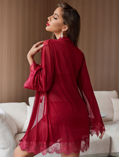 Women's Alluring 3-Piece Lingerie Set Sheer Lace Kimono Robe Matching Bra Panty