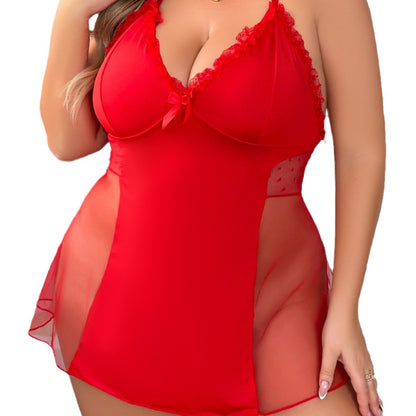 Plus-Size Lingerie Lace Mesh See-Through Sling Slit Women's Sleepwear