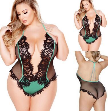 Plus-Size Sexy Lace Mesh See-Through Halter Jumpsuit Lingerie