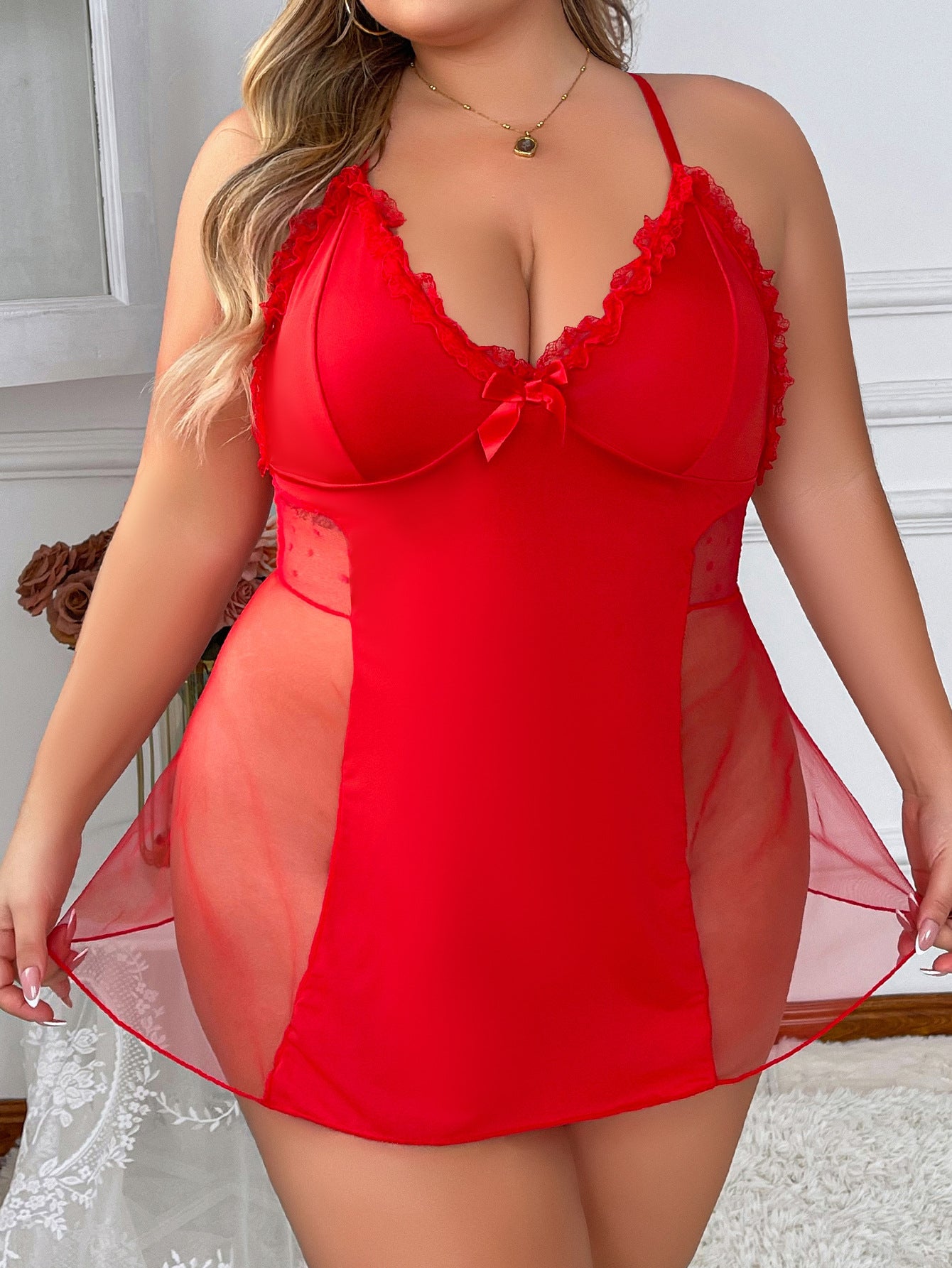 Plus-Size Lingerie Lace Mesh See-Through Sling Slit Women's Sleepwear