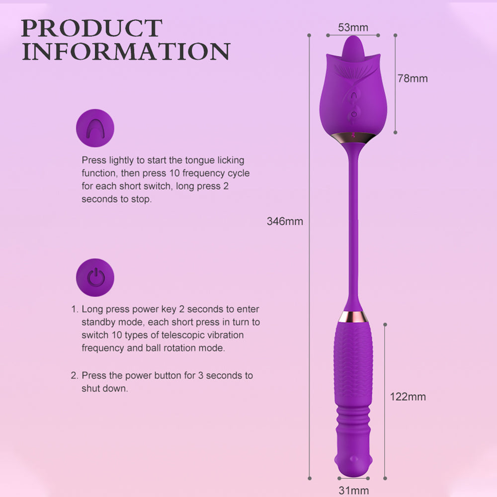 Quusvik - Purple Rose Toy Rotating Pearls Telescopic Tongue-licking Vibrator