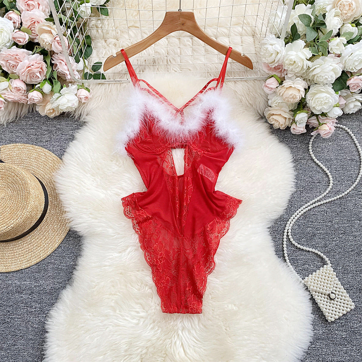 Sexy Lingerie Plush Jumpsuit Temptation Suit Sexy Lace Mesh with Steel Ring