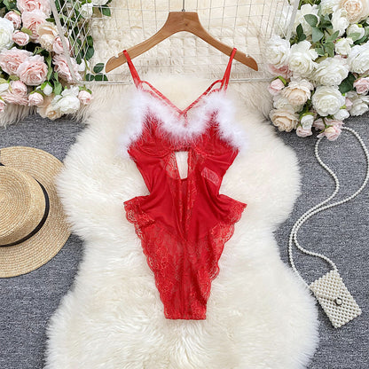 Sexy Lingerie Plush Jumpsuit Temptation Suit Sexy Lace Mesh with Steel Ring