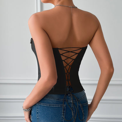 Low-Cut Hot Girl Tie Solid Color Fishbone Lace-up Steel Ring Top