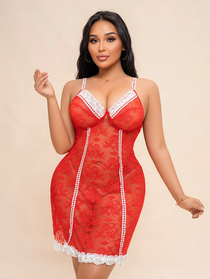 Plus Size Deep V Lace Sheer Slip Dress