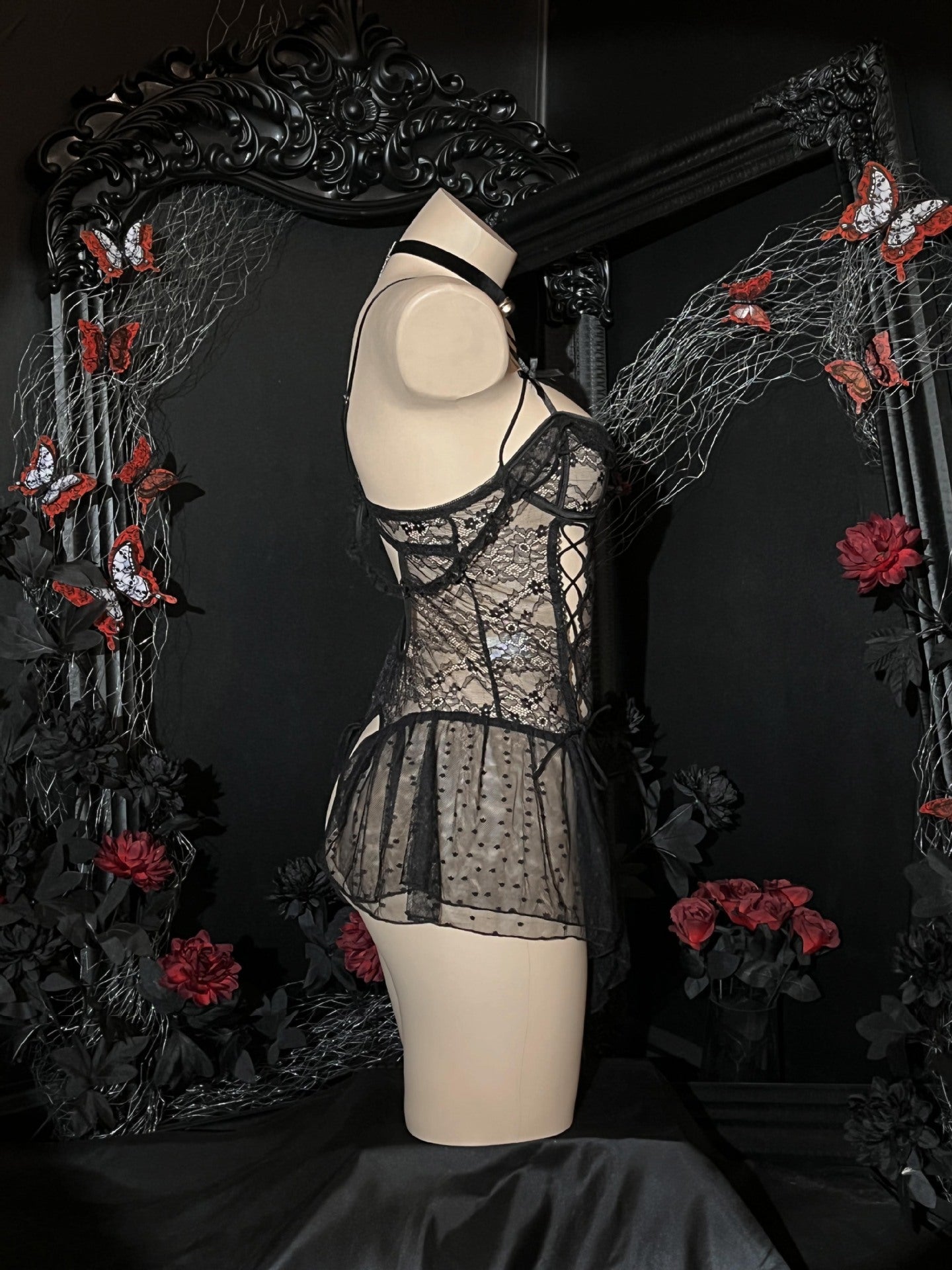 Lace Sheer Strappy Crotchless Nightdress