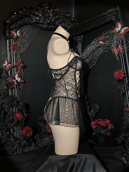 Lace Sheer Strappy Crotchless Nightdress