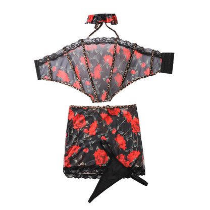 Sexy Slimming Comfortable Mesh Printed Erotic Lingerie Underpants Four-Piece Set