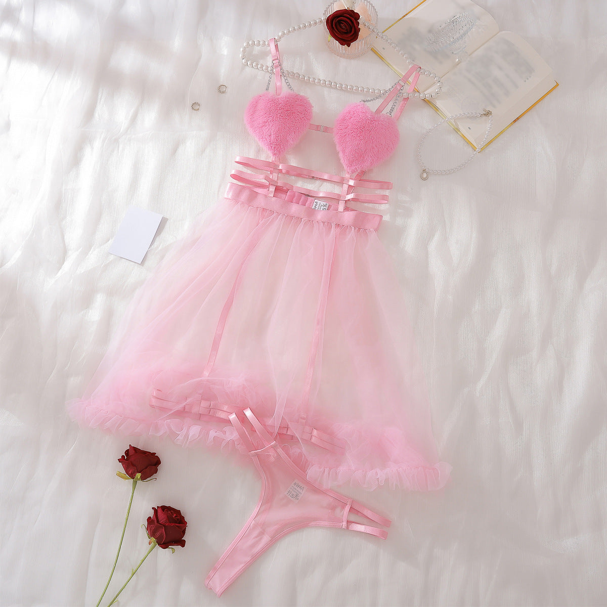 Pink Plush Heart Bra Sheer Mesh Nightdress Set