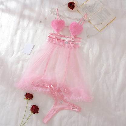 Pink Plush Heart Bra Sheer Mesh Nightdress Set
