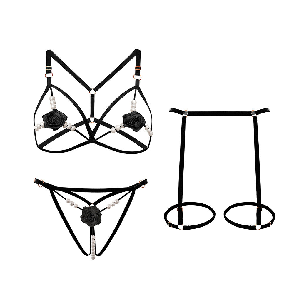 Rose Beaded Three-piece Hollowed-out Lingerie Set