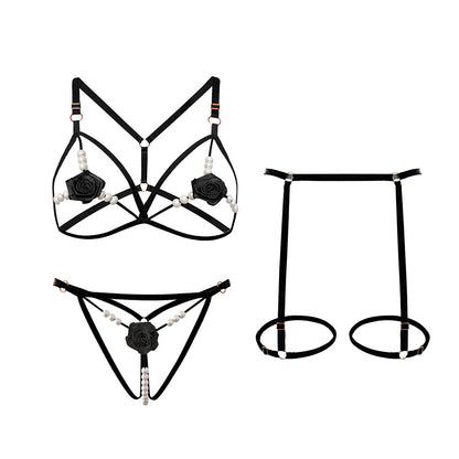 Rose Beaded Three-piece Hollowed-out Lingerie Set