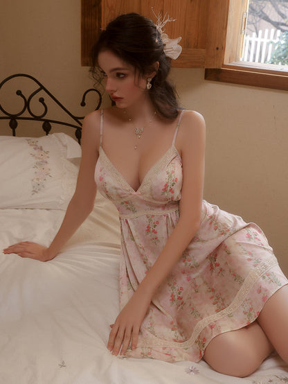 Floral Lace Deep V Trim Satin Dress