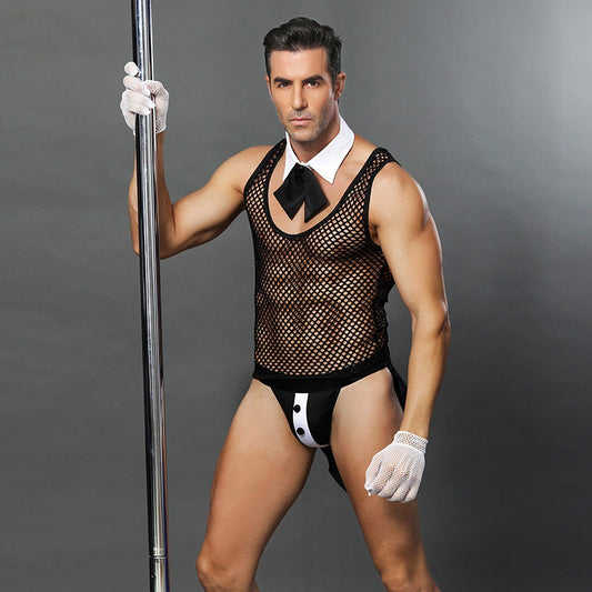 Men's Role Playing See-Through Fishnet Male Dancer Uniform Set