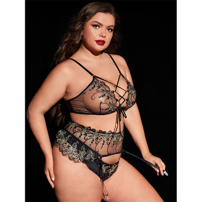 Large Size Set of Erotic Lingerie Sexy Black Mesh with Embroidery Bra Panties Suspender Stockings