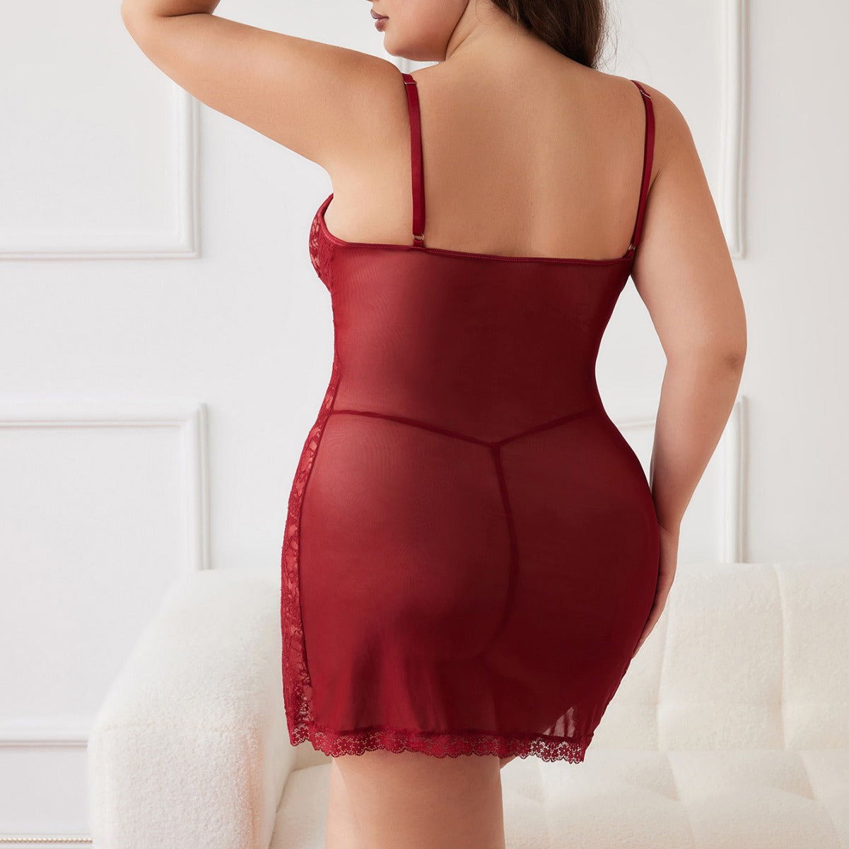 Large Size Sexy Lace Transparent Set with Suspender Slit Style Lingerie Two Piece Set