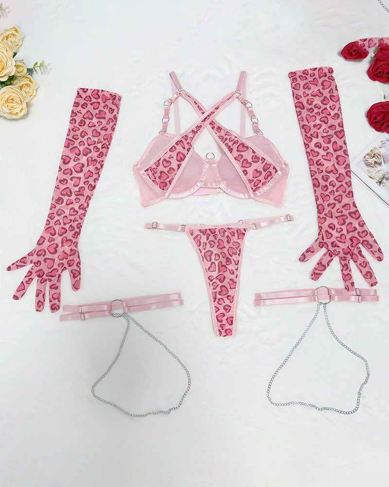 Leopard Heart Lingerie Set with Garter Gloves