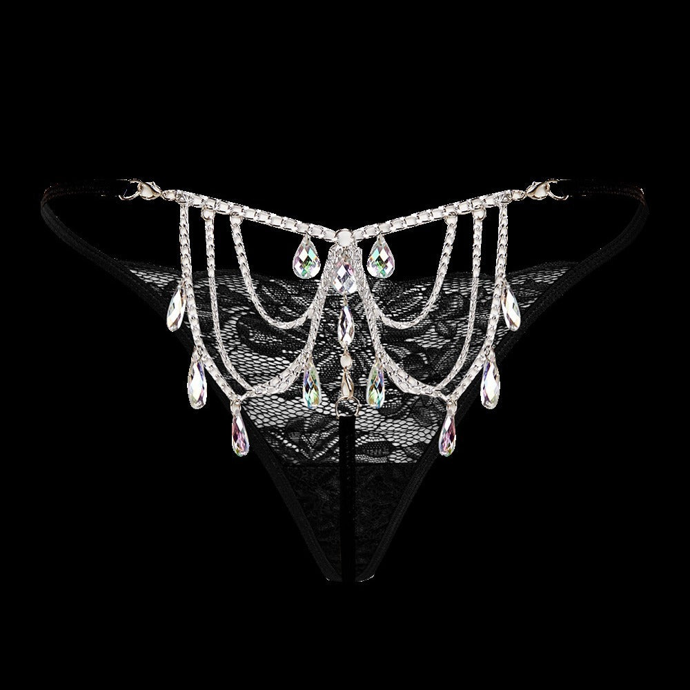 Plus Size Sexy Women's Thong Lace Water Drop Gem Embellished Breathable