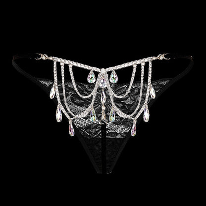 Plus Size Sexy Women's Thong Lace Water Drop Gem Embellished Breathable