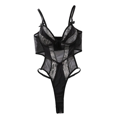 Mesh Patchwork Sexy Bodysuit Zebra Print Body Shaping Hollow-out Erotic Bodysuit