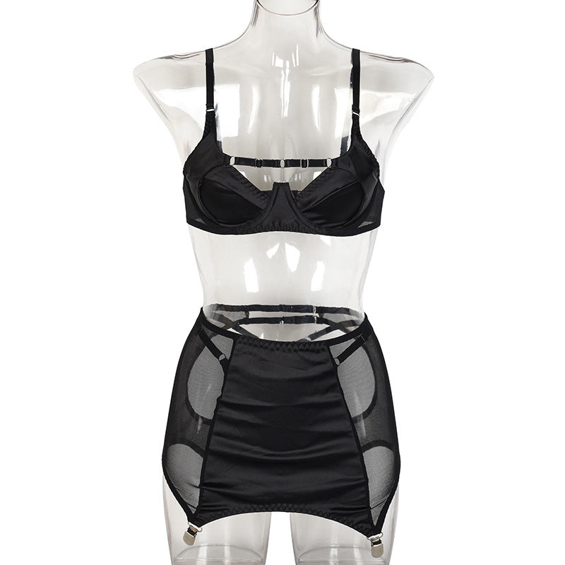 Mesh Splicing Milk Silk Push up Sexy Lingerie Three-Piece Set