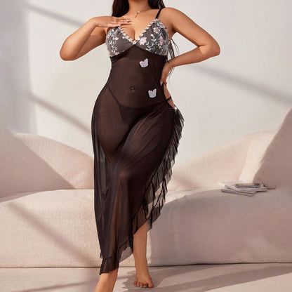 Large Size Split-slit Suspender Dress Sexy Semi-see-through Pajamas  Long Lace Dress Set