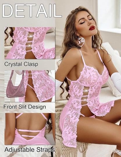 Women's Charming Lace Babydoll Lingerie Set Cute Dress with Thongs Chemise
