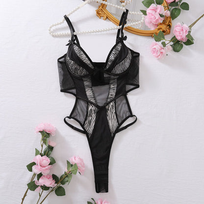 Mesh Patchwork Sexy Bodysuit Zebra Print Body Shaping Hollow-out Erotic Bodysuit