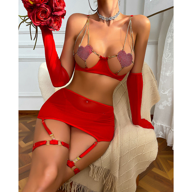 Three-Point Style Hollow-out Patchwork Heart-shaped Nipple Covers Metal Chains Erotic Lingerie Set