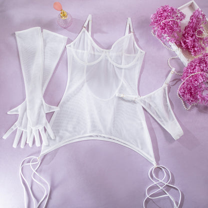 Mesh Sexy Backless See-through Rope Strap Gloves Three-piece Sexy Lingerie