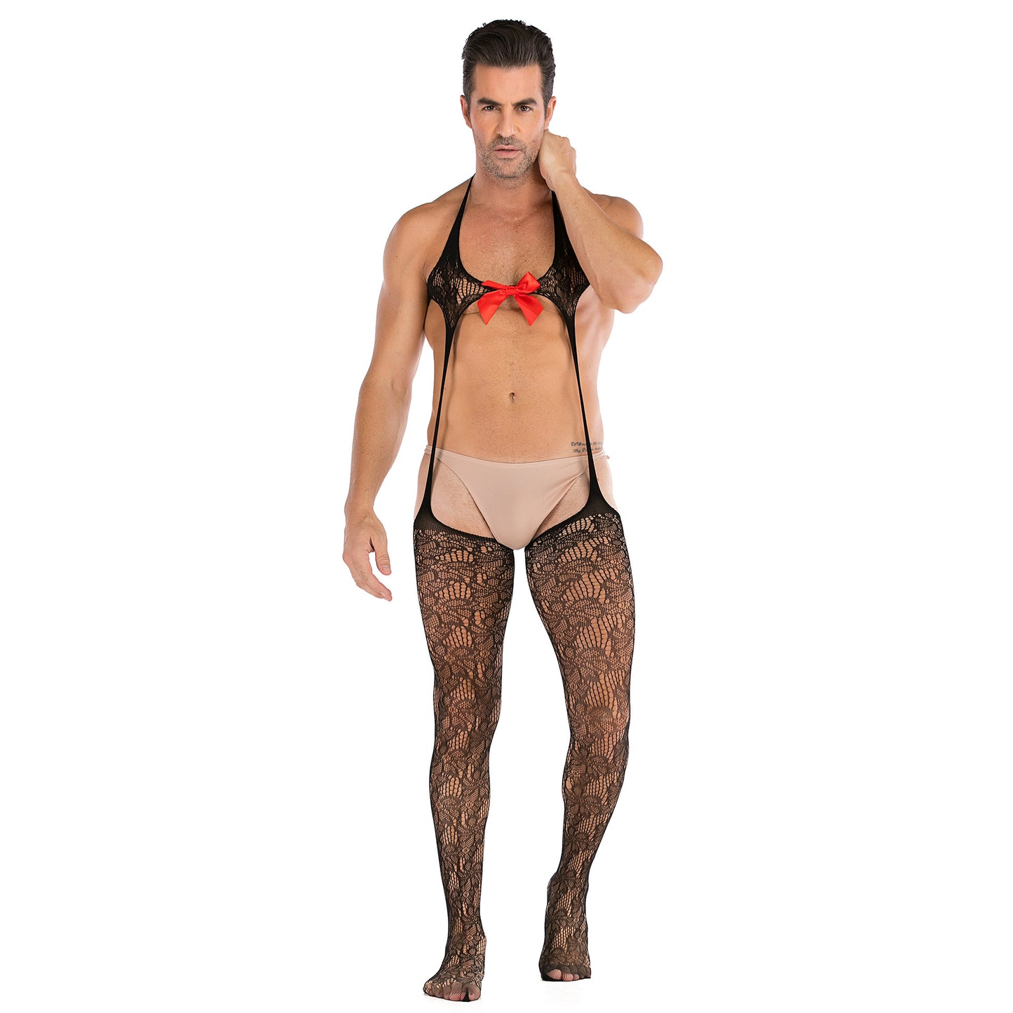 Men's See-through Split Mesh Jumpsuit With Bow