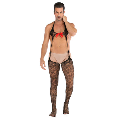 Men's See-through Split Mesh Jumpsuit With Bow