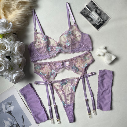 Sensational 4-Piece Lingerie Kit Floral Embroidered Underwire Gorgeous G-String with Garter Belt
