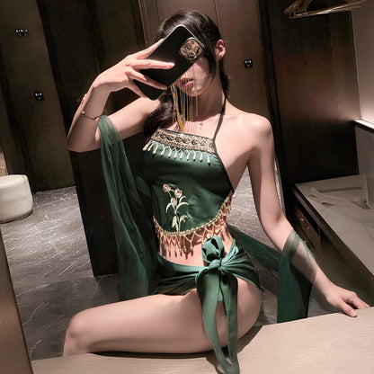 Satin Embroidered Bellyband Sexy Lingerie Set