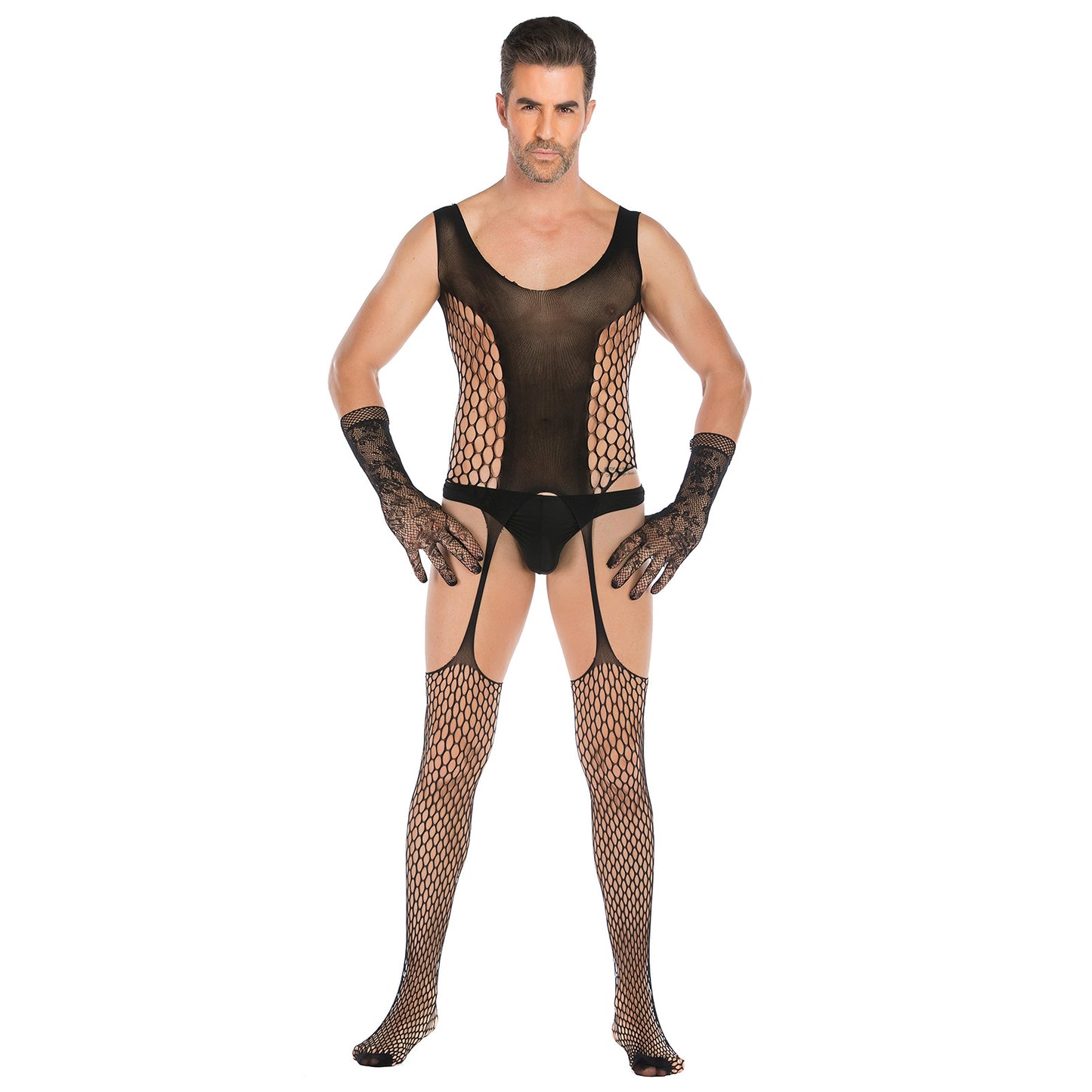 Men's Crotchless See-through Fishnet Bodysuit With Lace Gloves Set