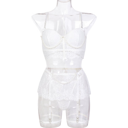 Lace See-through Handmade Pearl Bow Underwear Four-Piece Set