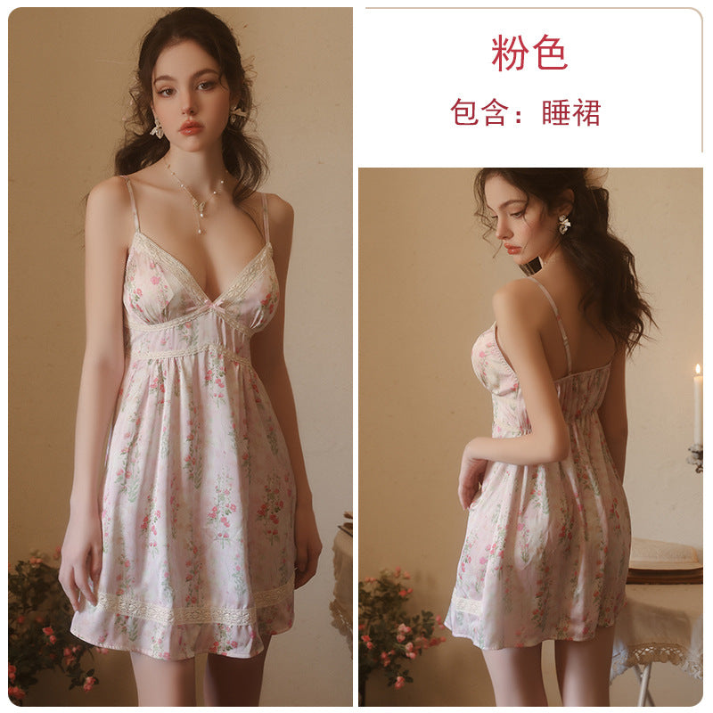 Floral Lace Deep V Trim Satin Dress