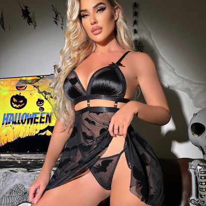 Deep V Print Sexy Waist-revealing Mesh Transparent Lace Thong Erotic Lingerie Two-piece Set