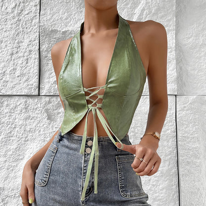Sexy Hot Girl Low-Cut Pure Color Halter Lace-up PU Leather Vest