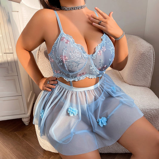 Embroidered Mesh Sexy Large Size Erotic Lingerie Splicing Suspenders