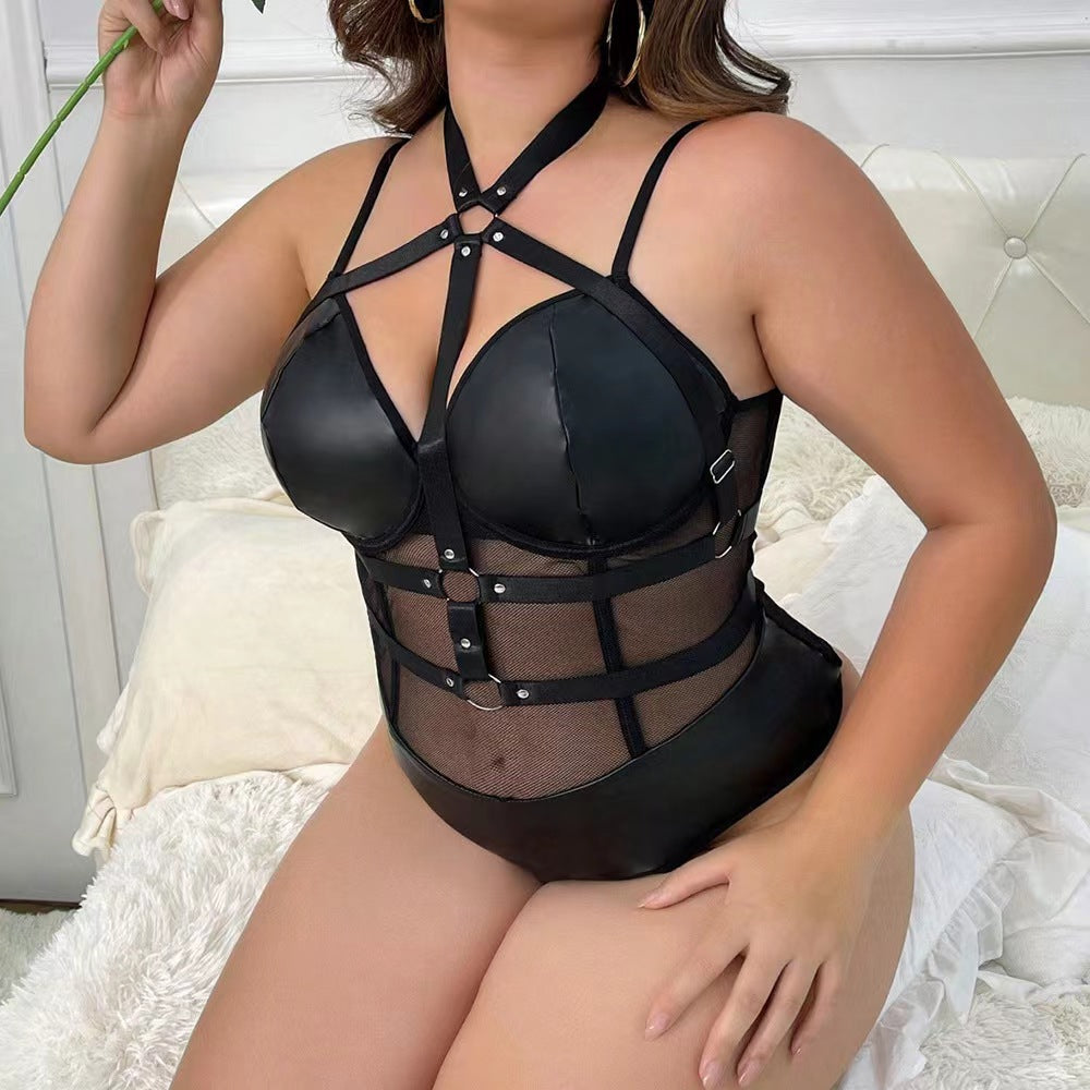 Sexy Mesh Plus-Size Mesh Hollow-Out Erotic Lingerie Tight Bodysuit Set