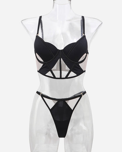 Push Up Mesh Hollow Bra and Thong Set