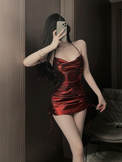 Ruched Metallic Halter Slip Dress Set