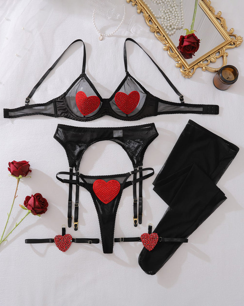 Sheer Mesh Red Heart Bra Panty Sets+Stockings