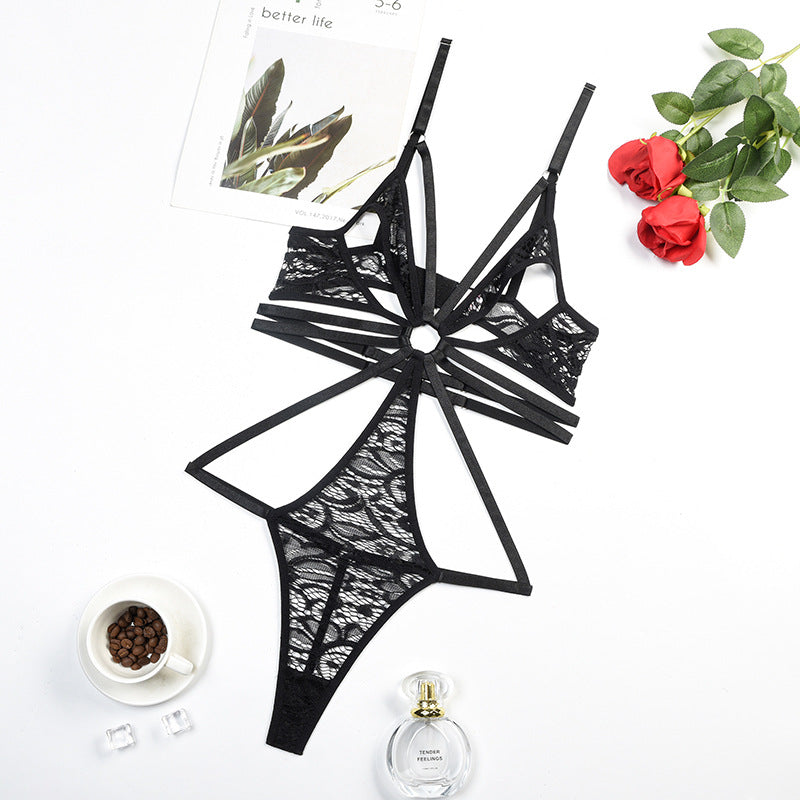 Sheer Lace Lace-up Underwear Bodysuit