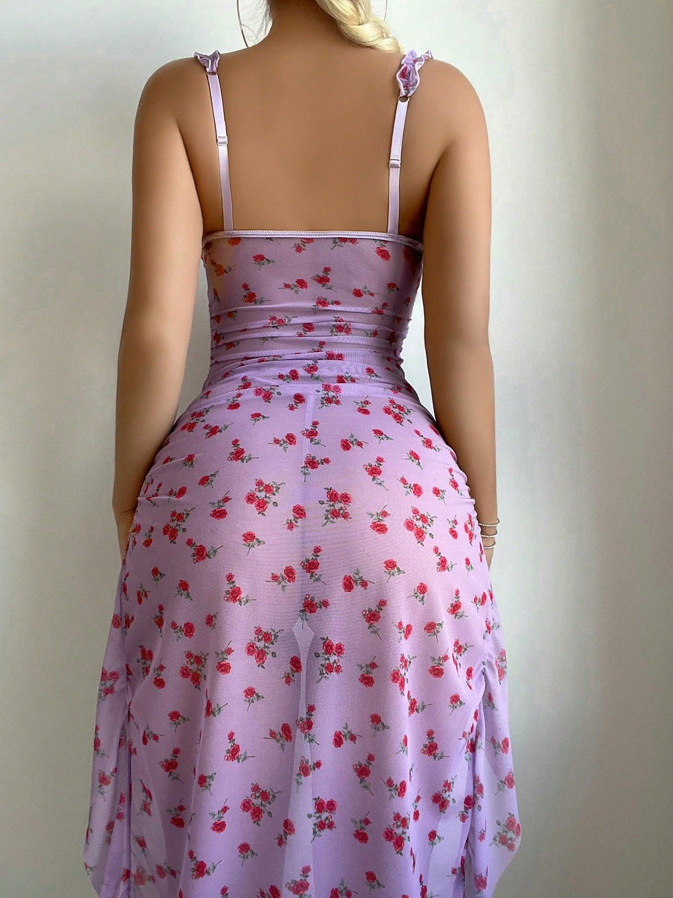 Floral Print See-through Mesh Halter Sexy Nightgown