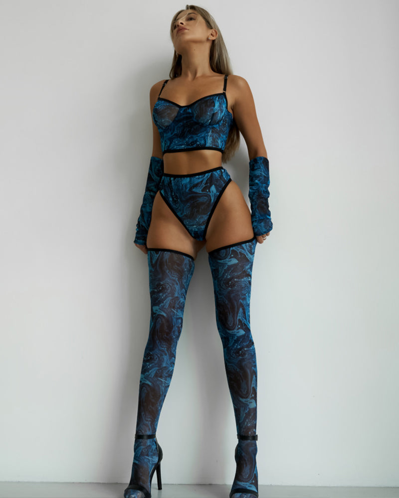 Watercolor Mesh Lingerie Set with Gloves and Hold-Ups