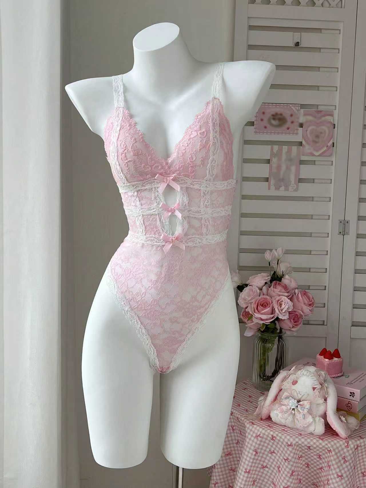 Deep V Sheer Pink Bow Lace Bodysuit